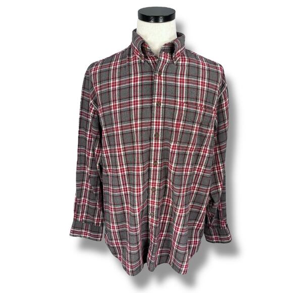 Vintage J Crew Oarsman Flannel Shirt Men's Large Red Gray Plaid Button-Down 90s - Picture 1 of 9